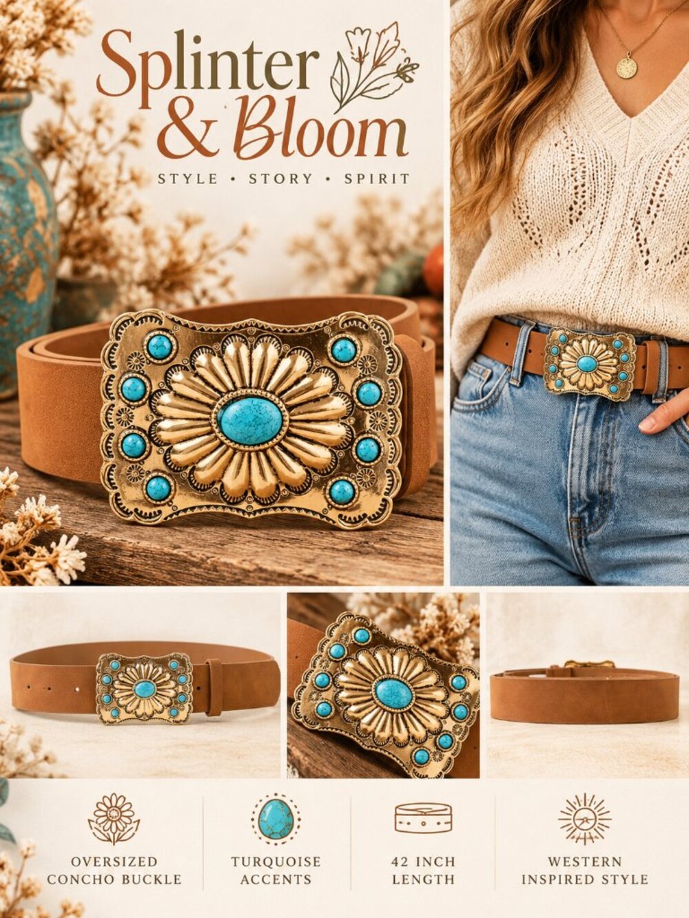 NWT Western Turquoise Concho Statement Buckle Belt – Gold & Brown